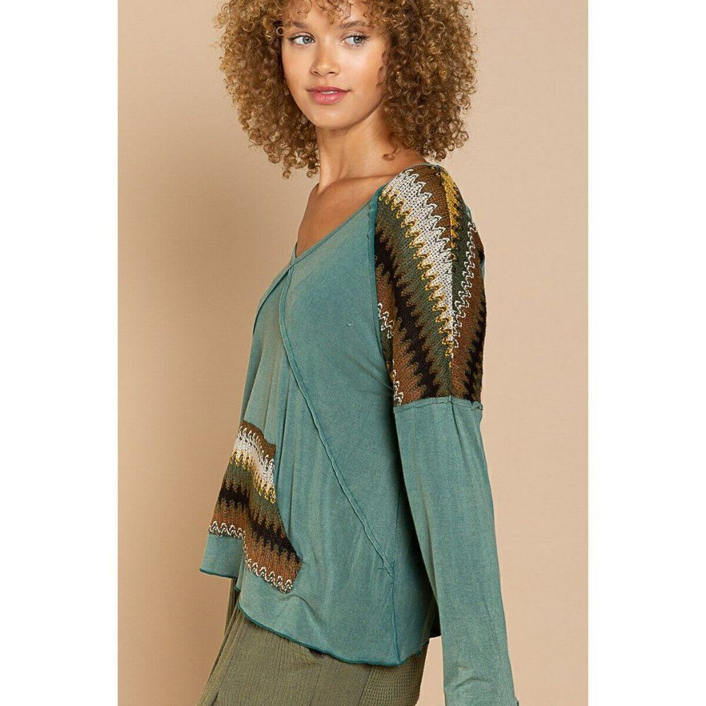 POL Clothing Evergreen V Neck Top Shirt Embroidered Fall Winter Women FKT763 - Picture 4 of 8